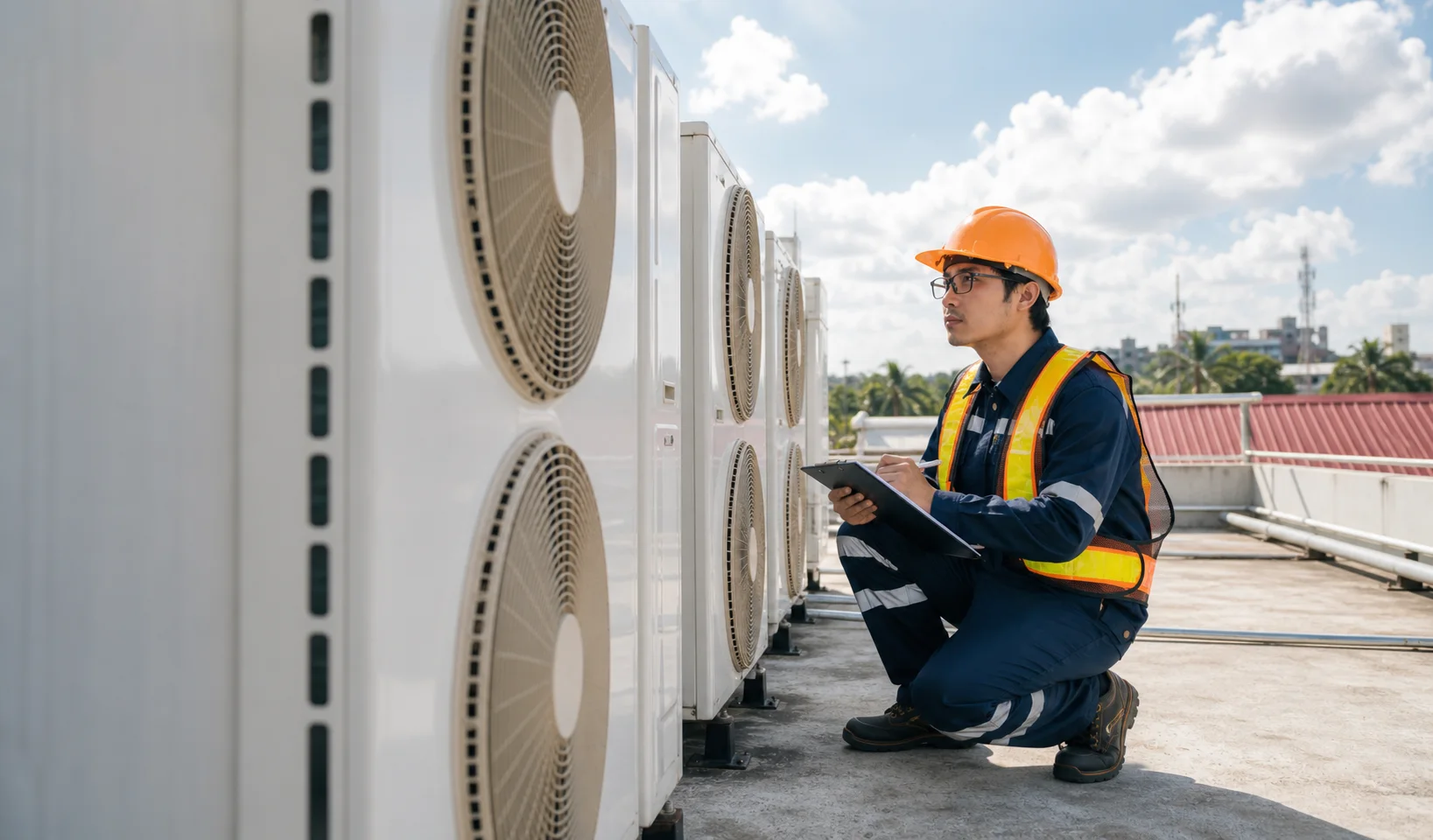 Teknisi Putra Mandiri Teknik mengecek outdoor AC di area rooftop
